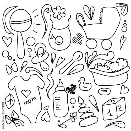 Cute doodle baby set outline illustration wiht different objects for design and creativity, coloring page
