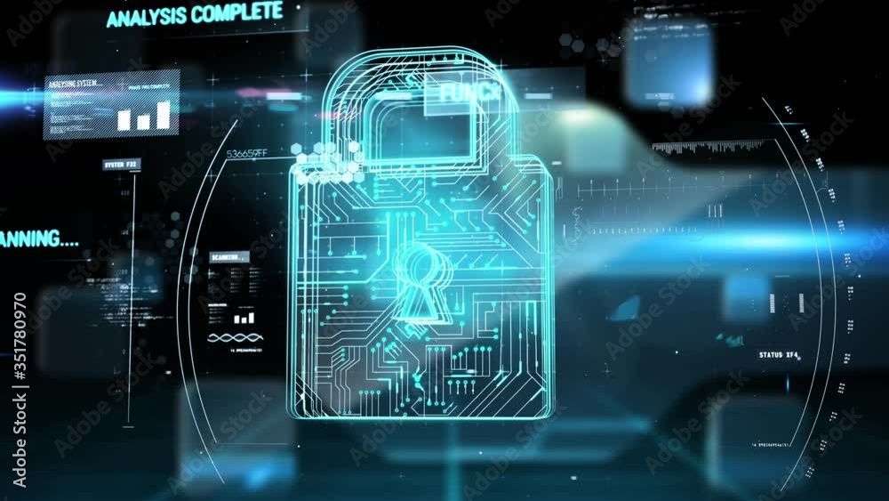 Animation of a glowing blue 3d digital padlock symbol with changing data information