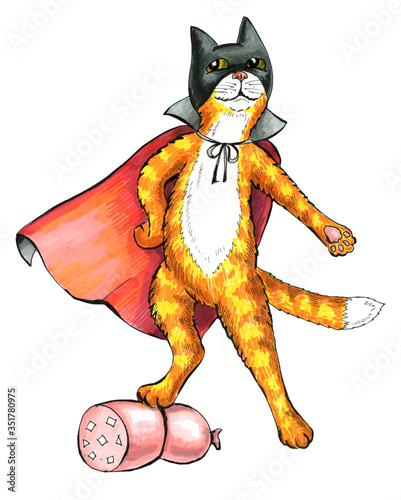 funny cat super hero with sausage illustration