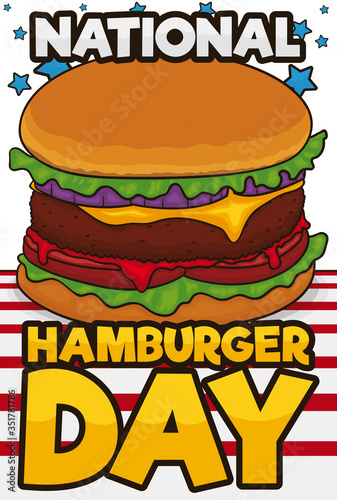 Delicious Cheeseburger to Celebrate National Hamburger Day with Patriotic Design  Vector Illustration