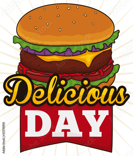 Delicious Hamburger with Greeting Sign and Ribbon for Cheeseburger Day  Vector Illustration