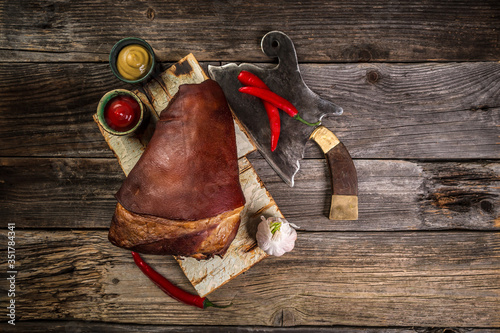 Photography Big smoked pork knuckle, delicious food, appetizer
