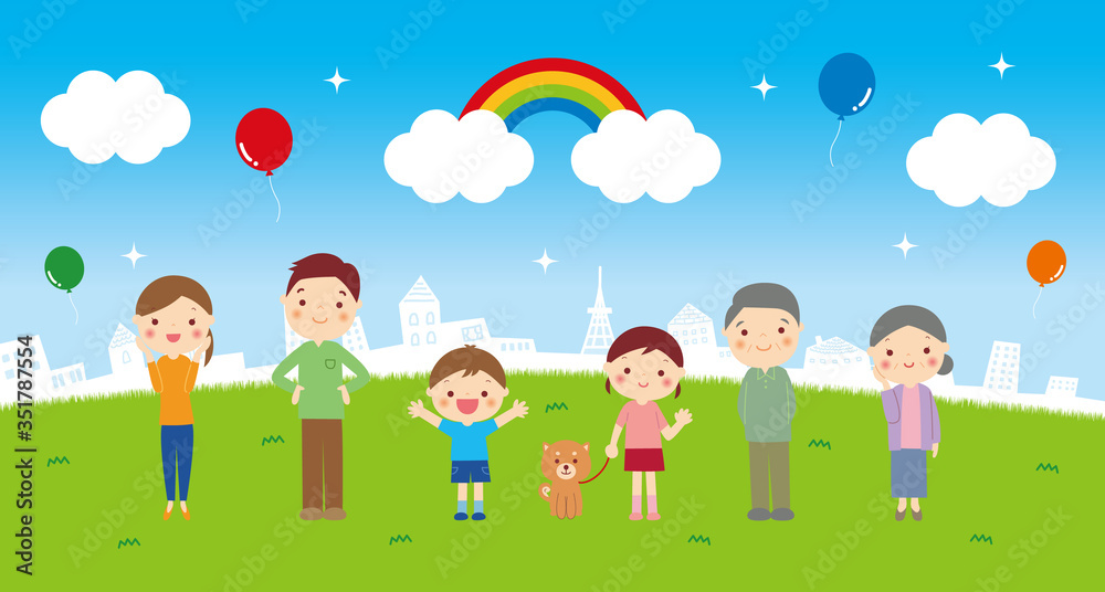 笑顔の3世代家族と犬のイラスト　青空と街並みの背景　