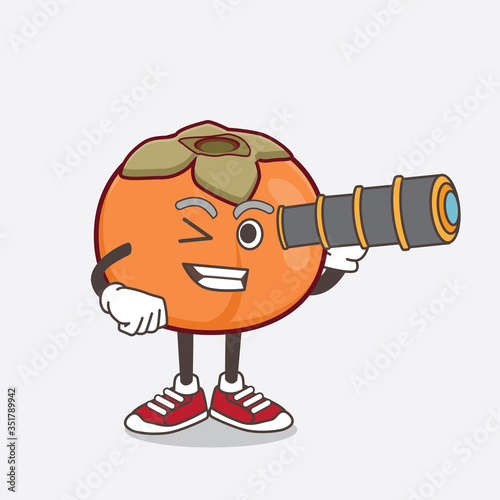 Persimmon Fruit cartoon mascot character using a monocular