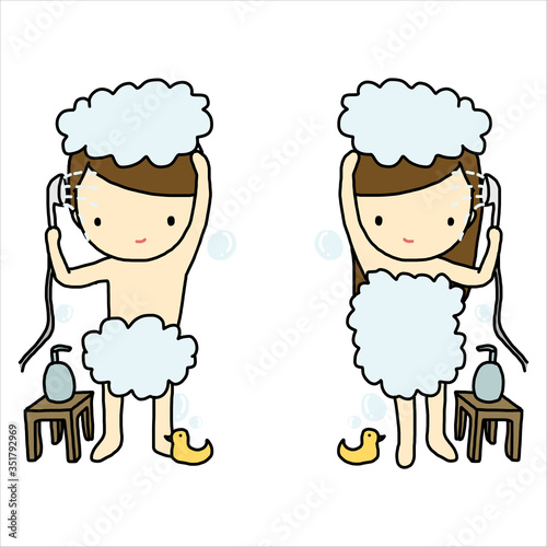 Showering boy and girl