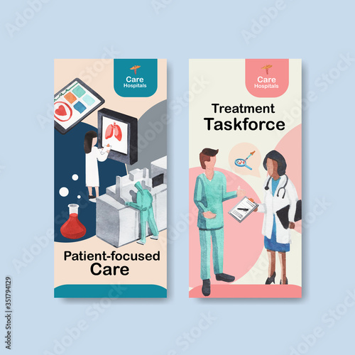 healthcare flyer design with Medical equipment and medical staff banners with highly technological devices doctors and patients vector illustration