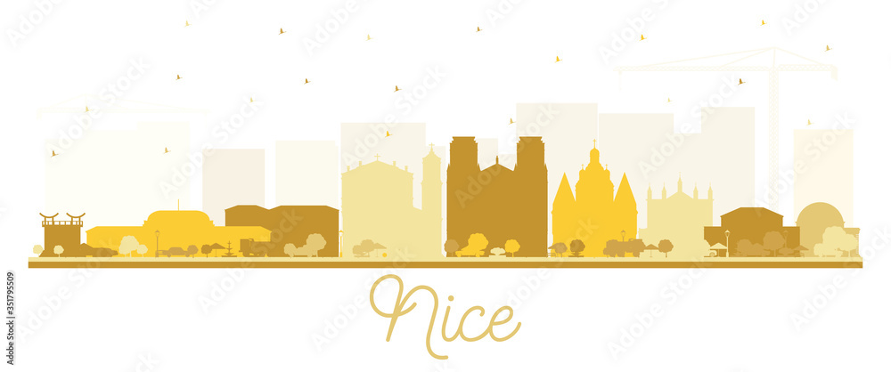 Nice France City Skyline Silhouette with Golden Buildings Isolated on White.