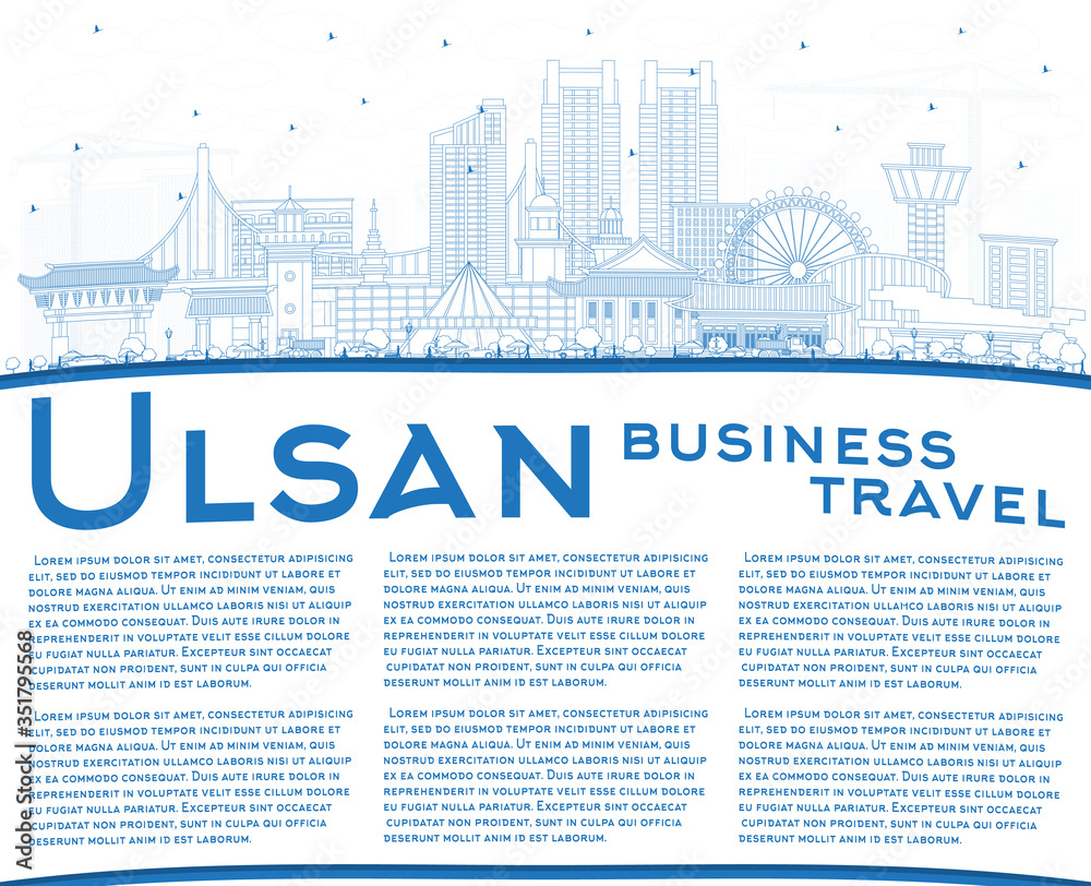 Outline Ulsan South Korea City Skyline with Blue Buildings and Copy Space.