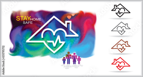 An abstract concept of a family staying safe in their house. A line image of a roof top, a heart and heart beats