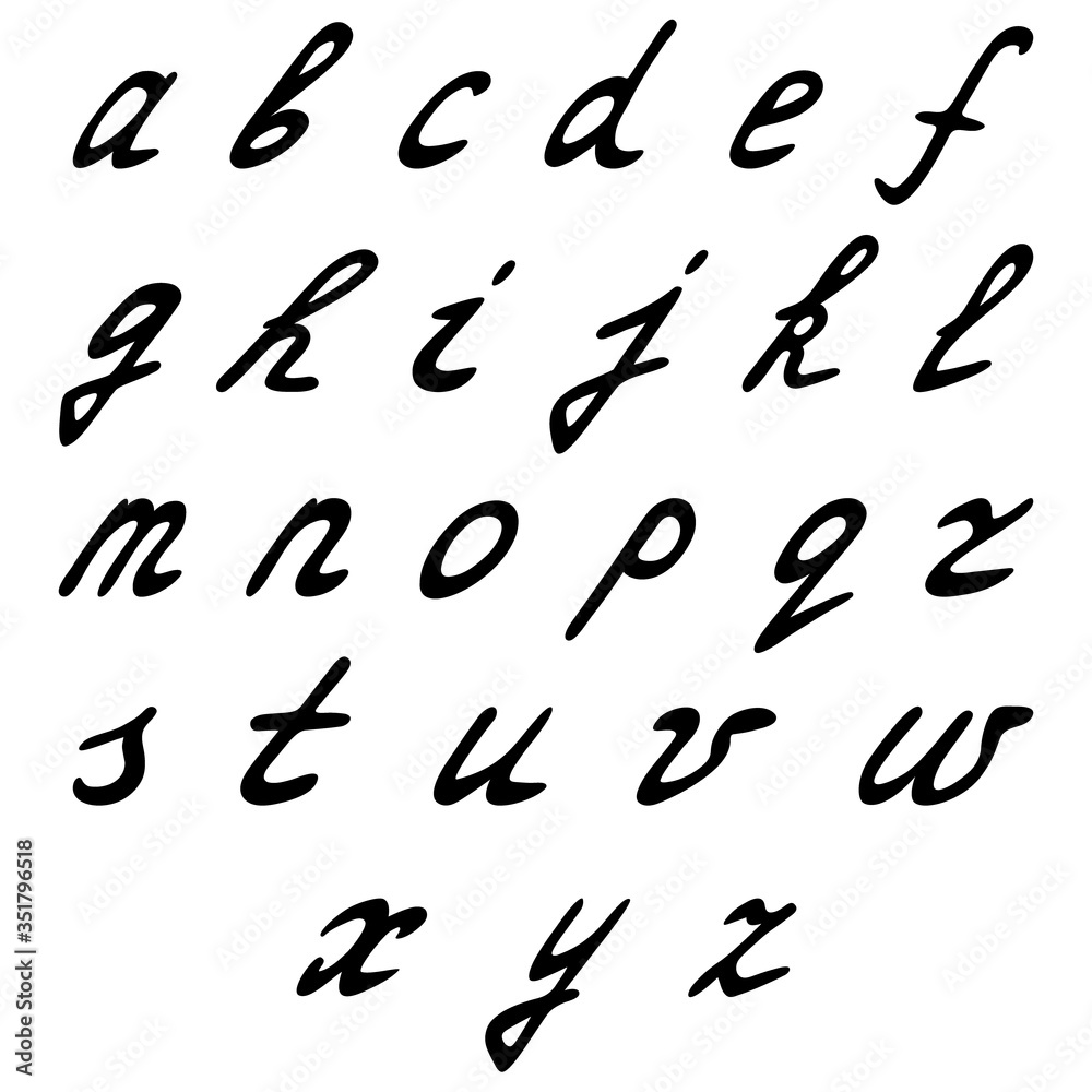 The alphabet is written. English. Lowercase small letters. Vector collection. Contour on an isolated white background. Hand drawing style. Lettering. ABC for educating children. Calligraphy. The alphabet is written. English. Lowercase small letters. Vector collection. Contour on an isolated white background. Hand drawing style. Lettering. ABC for educating children. Calligraphy.