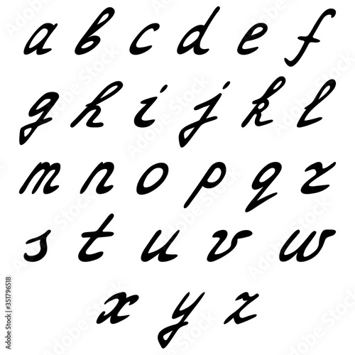 The alphabet is written. English. Lowercase small letters. Vector collection. Contour on an isolated white background. Hand drawing style. Lettering. ABC for educating children. Calligraphy. 