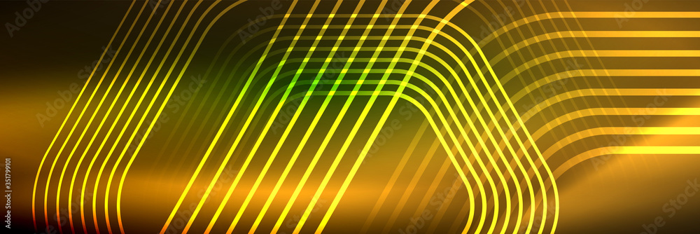 Shiny neon lines, stripes and waves, technology abstract background. Trendy abstract layout template for business or technology presentation, internet poster or web brochure cover, wallpaper