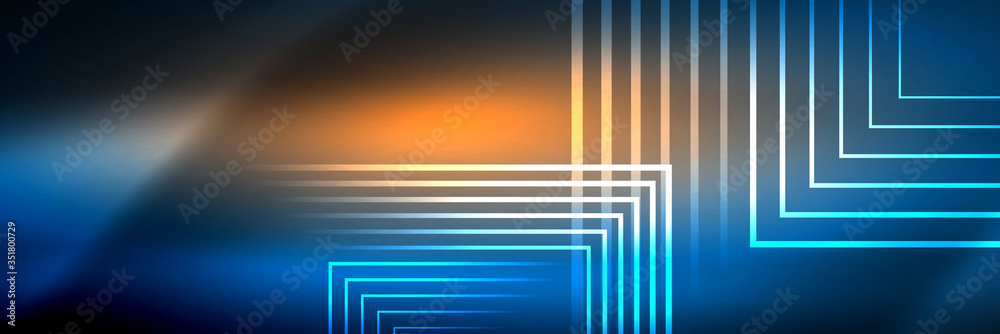 Shiny neon glowing techno lines, hi-tech futuristic abstract background template with square shapes Shiny neon glowing techno lines, hi-tech futuristic abstract background template with square shapes
