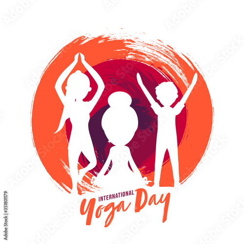 International Yoga Day Concept with Silhouette Children Doing Yoga in Different Pose on Abstract Brush Stroke Background.