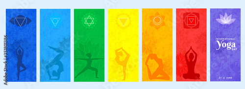 International Yoga Day Template Set with Silhouette Female Practicing Yoga in Different Poses. photo