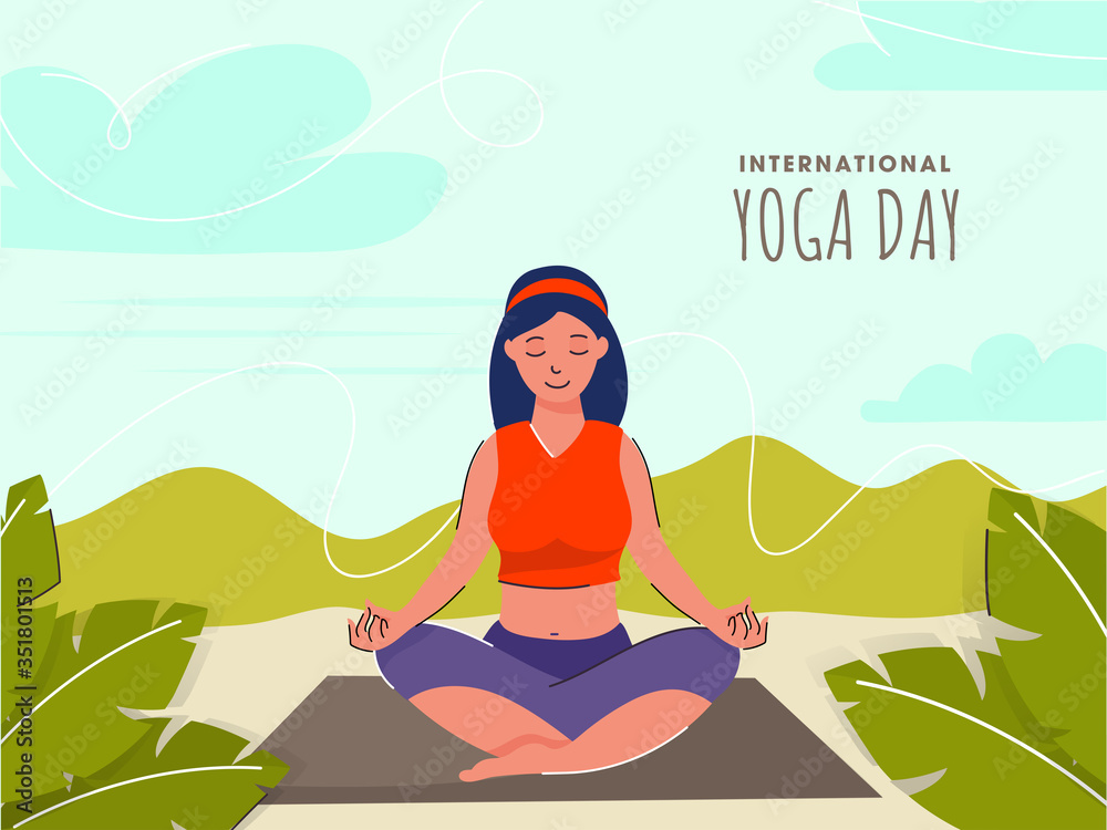 Young Girl Meditating in Lotus Pose on Nature Background for International Yoga Day.