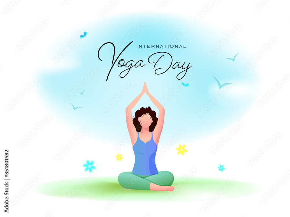 International Yoga Day Font with Cartoon Young Woman Meditating in Lotus Pose and Flying Birds on Glossy Background.