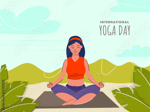 Young Girl Meditating in Lotus Pose on Nature Background for International Yoga Day.