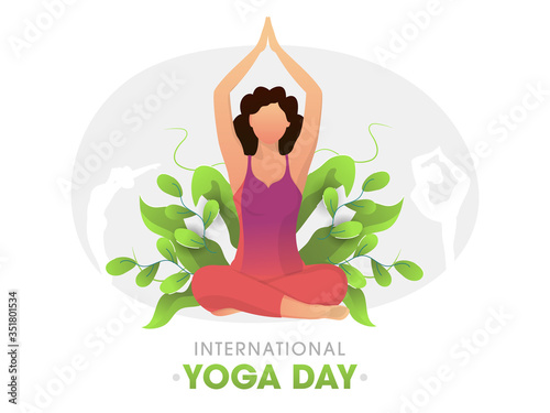 Young Women Practicing Yoga in Different Poses with Green Leaves on White Background for International Yoga Day.