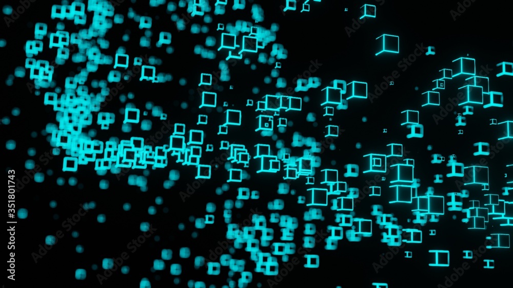 Neon light cube Block Network futuristic flying Matrix digital technologic animation 3D rendering