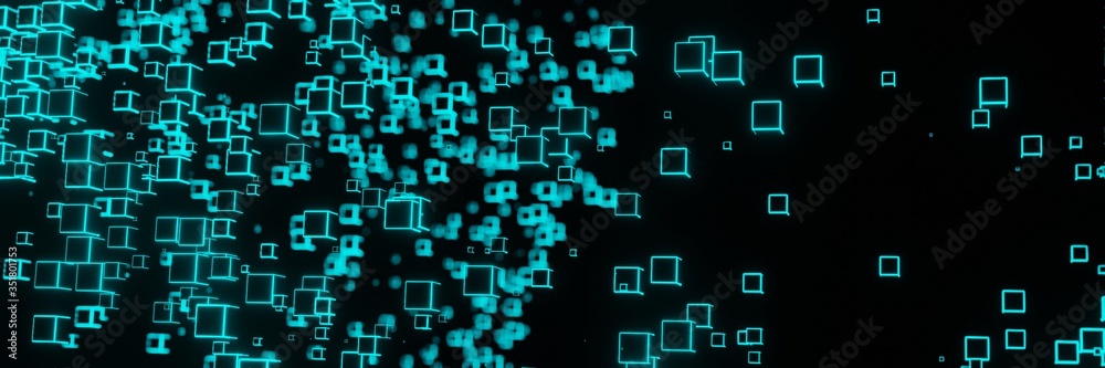 Neon light cube Block Network futuristic flying Matrix digital technologic animation panorama 3D rendering