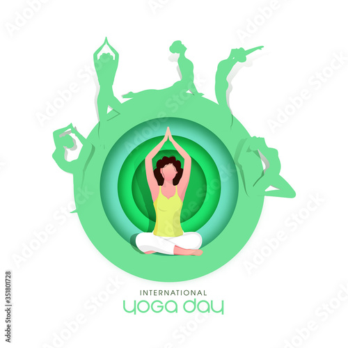 Paper Cut Circle Shape Background with Female Practicing Yoga in Different Poses for International Yoga Day.