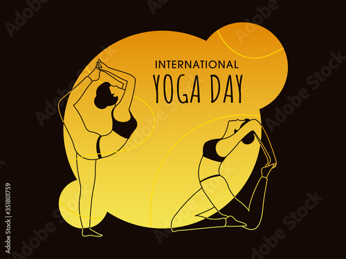 International Yoga Day Concept with Young Women Doing Yoga on Abstract Yellow and Brown Background.