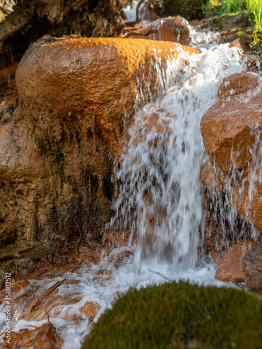 a spring with a rapid rusty waterfall, rocks, green moss and spring trees, David's Springs, Latvia
