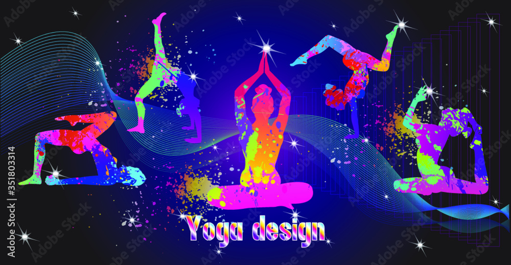 Set Of Yoga, Ballerina in dance colorful splash paint, Girl gymnast in gymnastic. Sport background. Graphic eps for logo, brochures. Vector illustration.