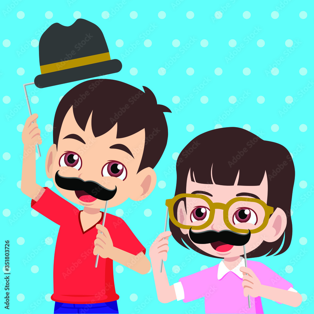 Children having fun with the props of bowler hat, mustache and glasses, greeting a Happy Father's Day