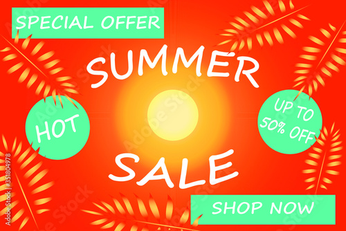 Summer sale banner, poster with discount for hot season banner with tropical leaves. Invitation for online shopping with 50 percent price off, special offer card,template for design