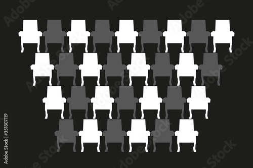 Social distance in theatre. Theater work in pandemic atmosphere. hess order for sitting people. Chairs in chess order.