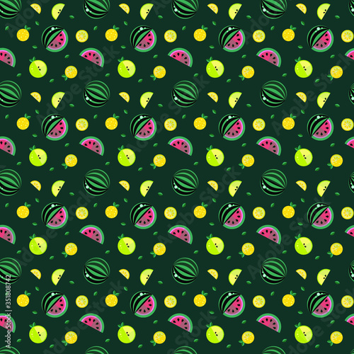 Vector bright juicy summer pattern with the image of whole fruits and their slices in a flat style. Pictured: watermelon, apple, lemon. Suitable for summer backgrounds.