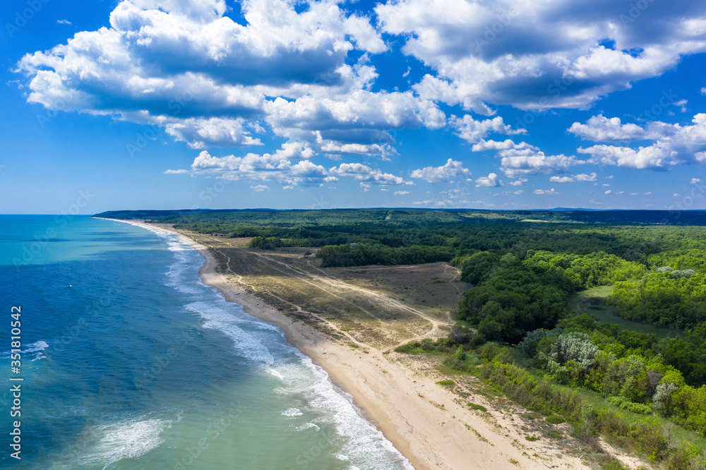 Aerial view of drone to the beautiful beach Kamchia, Bulgaria Aerial view of drone to the beautiful beach Kamchia, Bulgaria