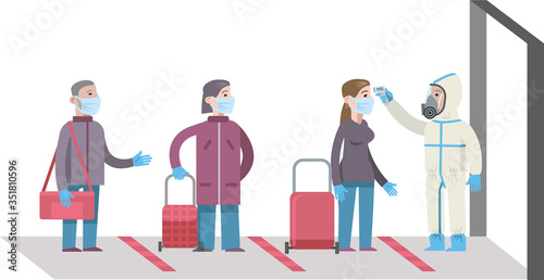 Checking body temperature before entering a public place for the control and prevention of coronovirus. Flat infographics. Vector illustration.
