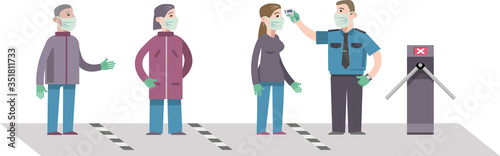 Checking body temperature before entering a public place for the control and prevention of coronovirus. Flat infographics. Vector illustration.