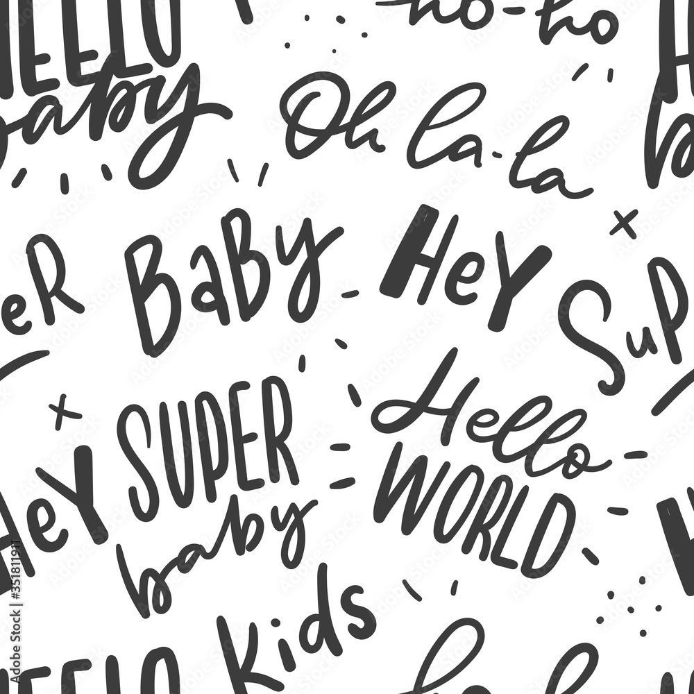 Lettering seamless pattern with kids words hello world, hello baby. Kids typographic hand drawn pattern for textile, print, wallpaper. Lettering seamless pattern with kids words hello world, hello baby. Kids typographic hand drawn pattern for textile, print, wallpaper.