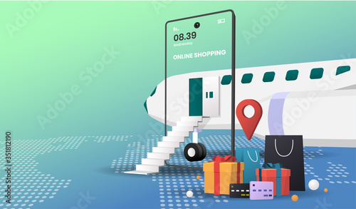online shopping with plane Vector for banner