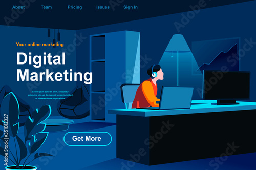 Digital marketing isometric landing page. Marketer working with computer in office website template. SMM and SEO technology, social media and web content promotion perspective flat vector illustration