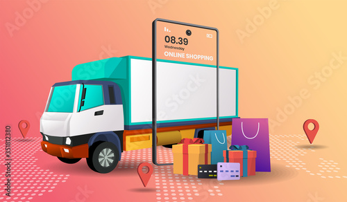 online shopping with truck Vector for banner