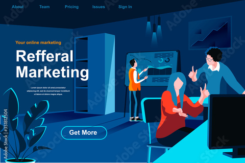 Referral marketing flat isometric landing page. Marketers discussing project near computer website template. Promotion and advertising campaign, referral program perspective flat vector illustration.