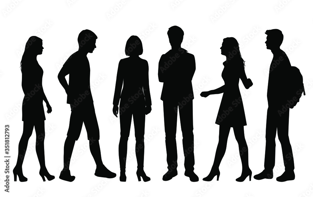Set of vector silhouettes of men and a women, a group of standing and walking business people, profile, with backpack, black color isolated on white background