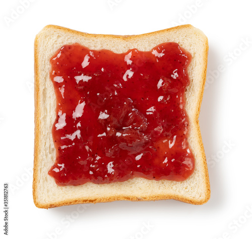 Strawberry jam and bread on a white background