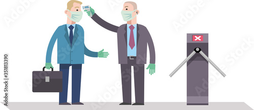 Checking body temperature before entering a public place for the control and prevention of coronovirus. Flat infographics. Vector illustration.