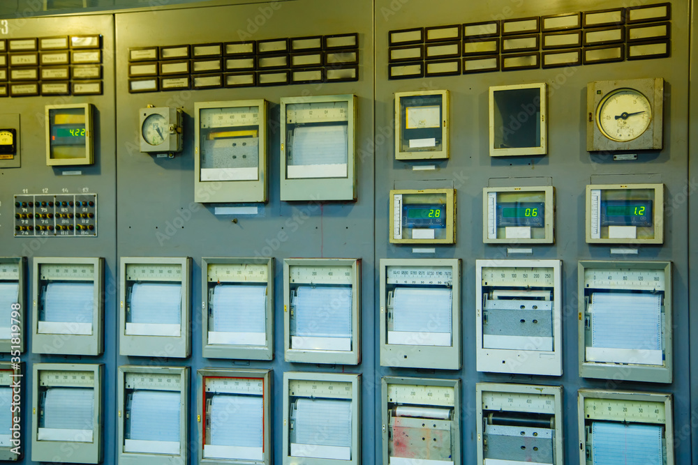 Control panel of the nuclear power plant. Close up.