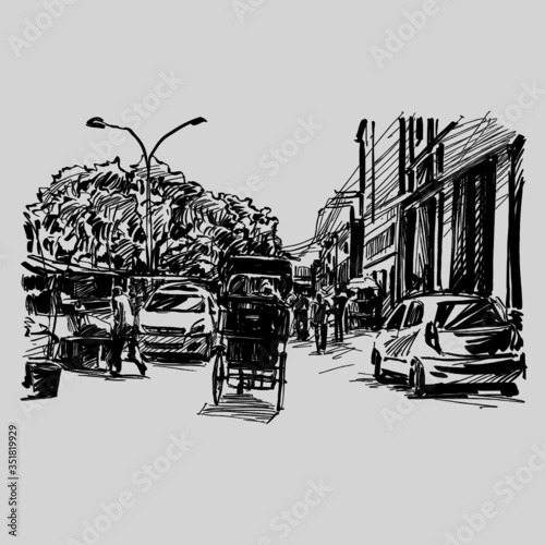 Drawing of the street at local market in India 