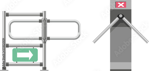 Metal turnstile to block the passage without permission. Security system at the entrance of a metro station, to a bank or other public place. Flat infographics. Vector illustration in vector style.