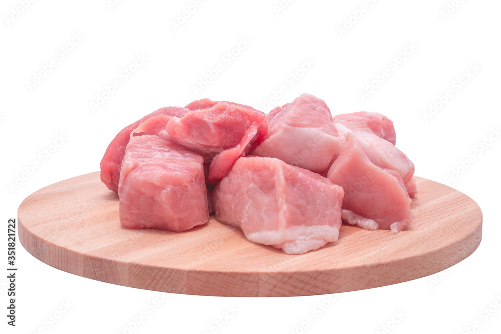 Fresh Raw pork meat on wooden board isolated on white background.