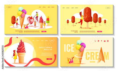 Set of web pages with various ice cream and people. Ice cream parlor or shop, Sweet products, Dessert concept. Vector illustrations for poster, banner, advertisement, commercial, menu, flyer. 