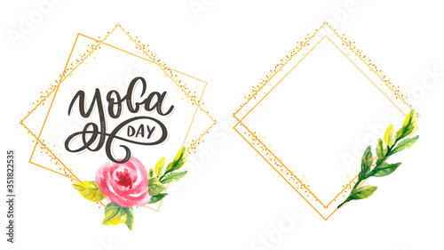 Lettering Yoga. Vector background International Yoga Day. Vector design for poster, T-shirts, bags. Yoga typography. Vector elements for labels, logos, icons, badges.